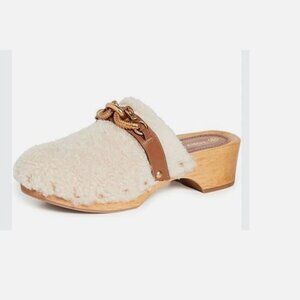 Brand New Tory Burch sz 9.5 Jessa Shearling Clogs buttermilk/royal tan 84927
